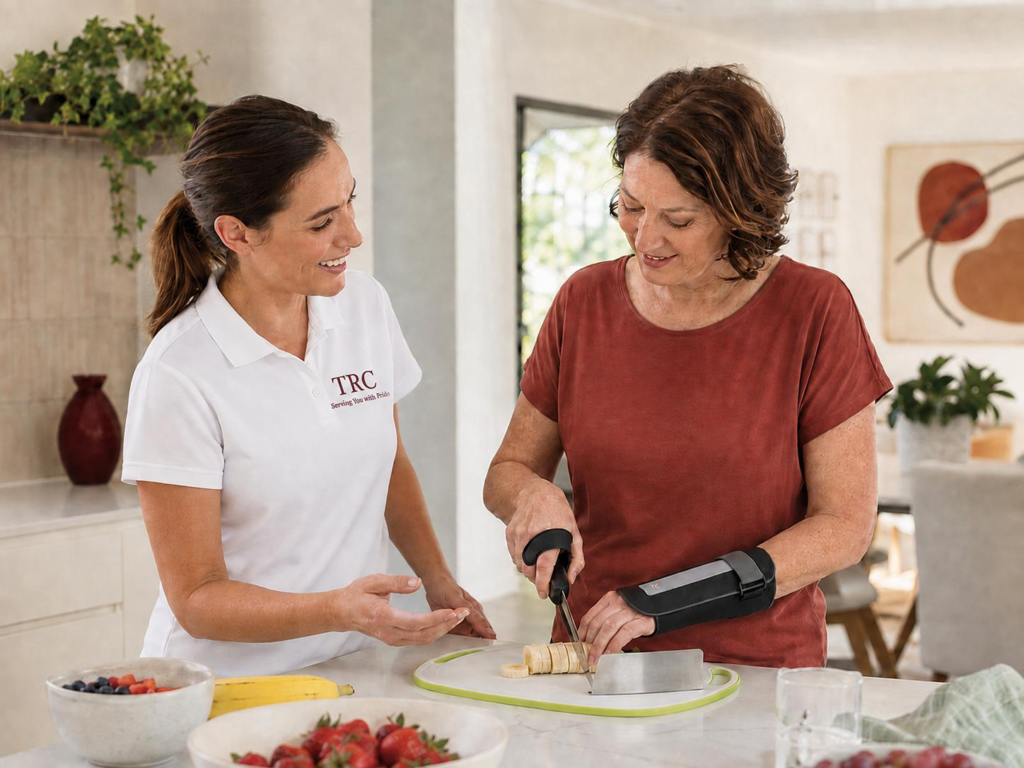 TRC occupational therapist supporting a client with meal preparation at home